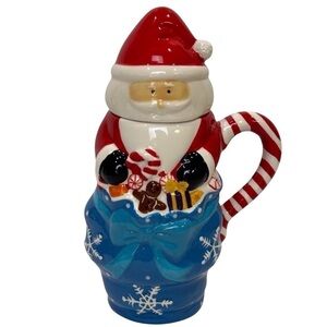 Santa/Toy Bag Mug 2-Pc Temp-tations Presentable Ovenware Red/Blue EUC